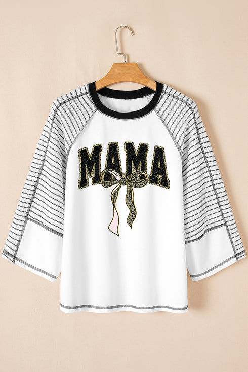 Black MAMA Leopard Bow Print Contrast Sleeves Loose Top